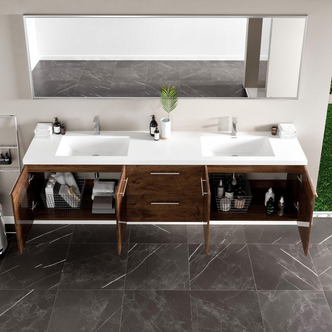 Lumina 84 in. Rosewood Wall Mount Double Sink Bath Vanity with Acrylic Top and Integrated Sinks