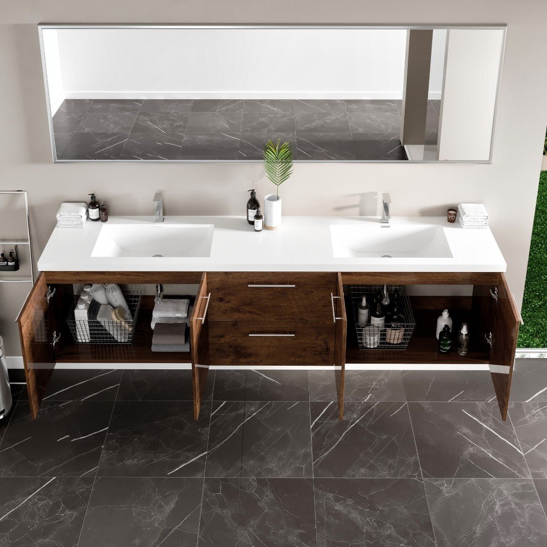 Lumina 84 in. Rosewood Wall Mount Double Sink Bath Vanity with Acrylic Top and Integrated Sinks - Bathroom Vanity by Eviva