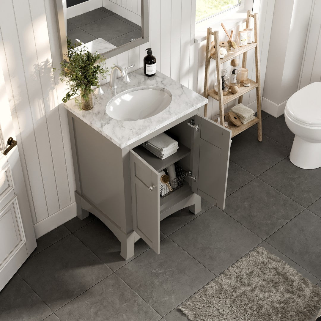 New York 24 in. Gray Single Sink Bath Vanity with Carrara Marble Top and Undermount Porcelain Sink