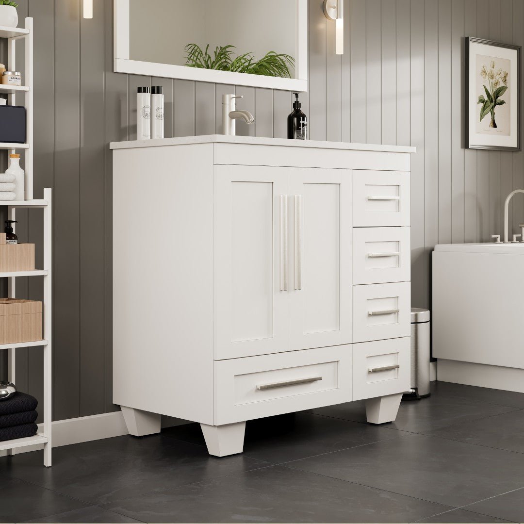 Loon 30 in. White Single Sink Bath Vanity with Carrara Quartz Top and Undermount Porcelain Sink - Bathroom Vanity by Eviva