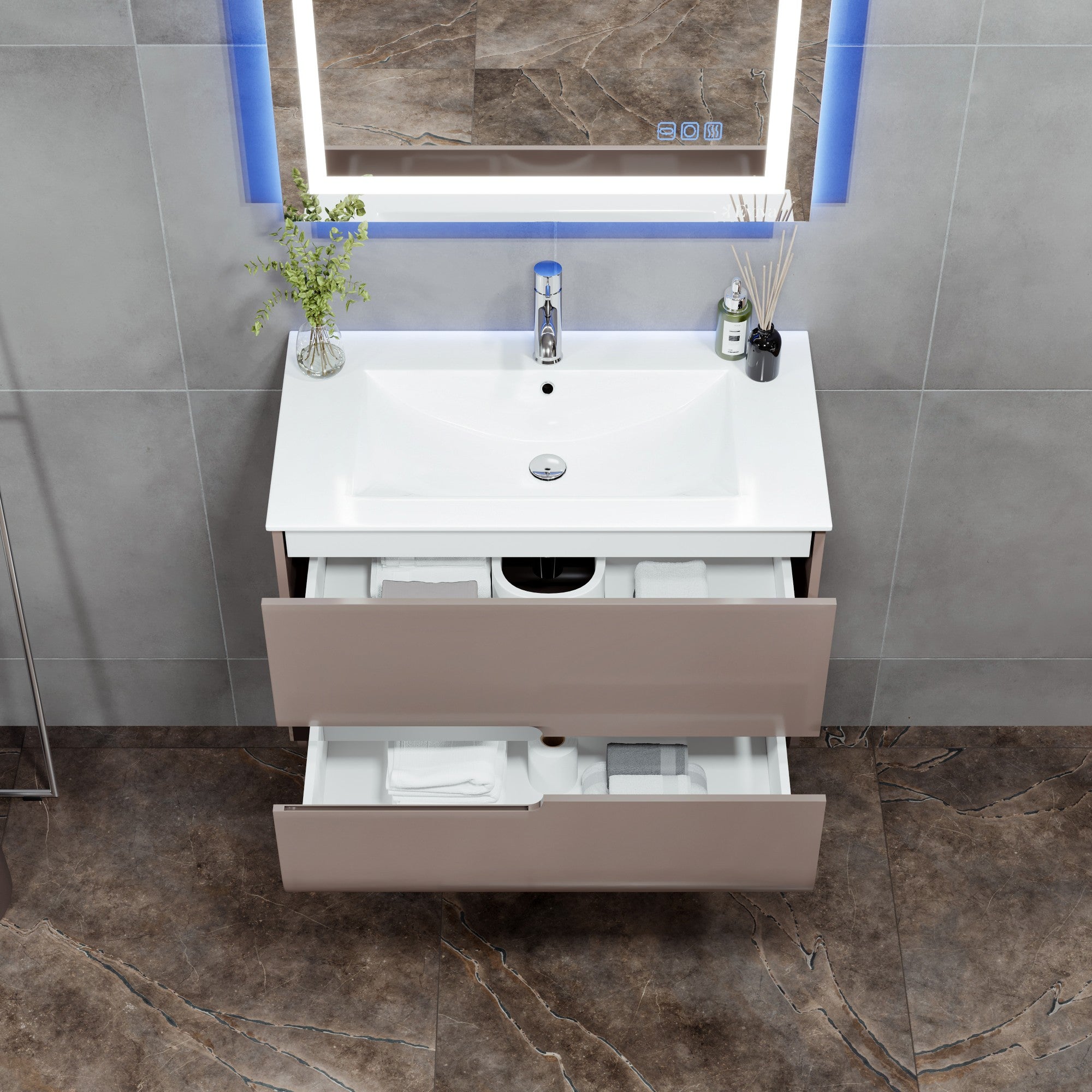 Ways 32 in. Mocha Wall Mount Single Sink Bath Vanity with Porcelain Top and Integrated Sink