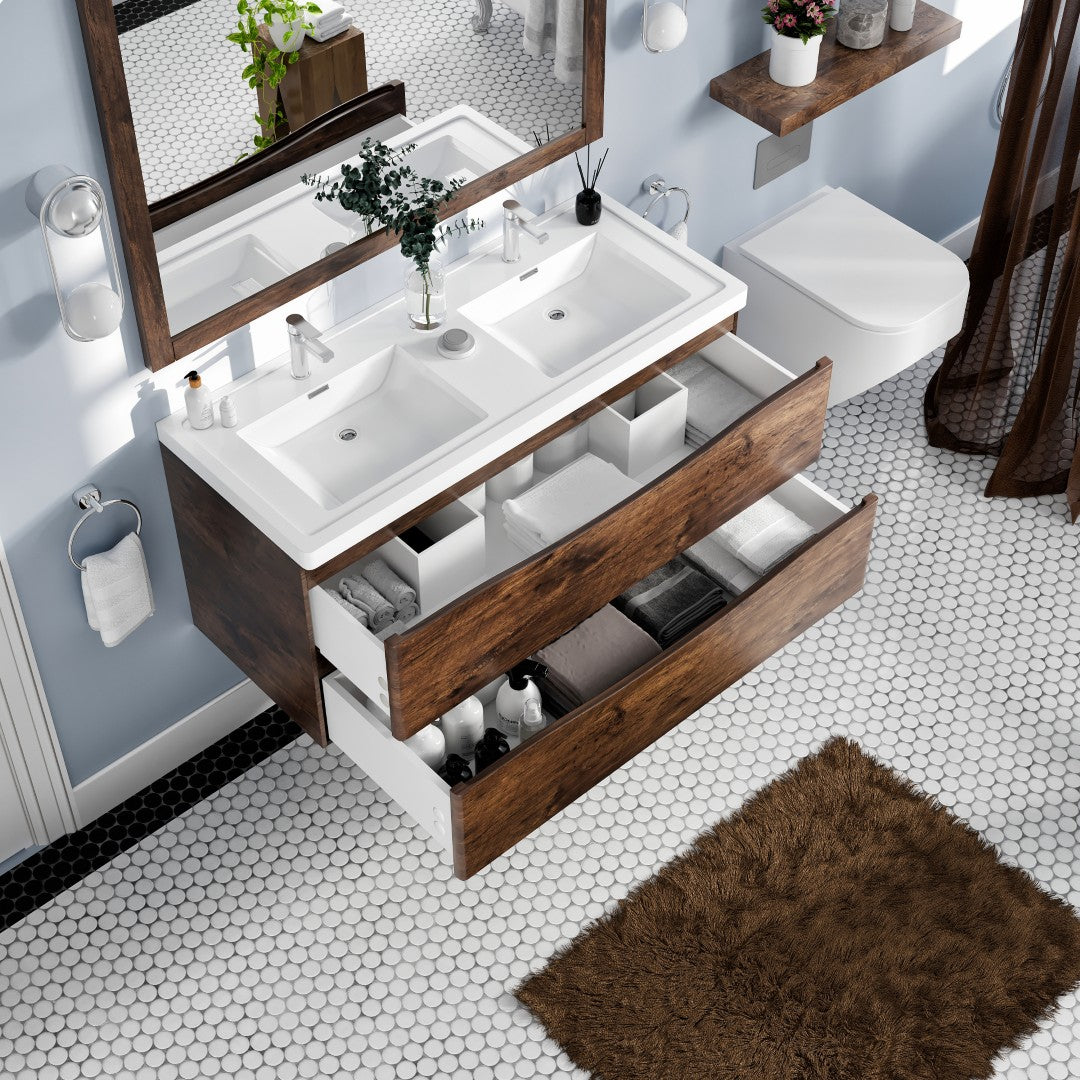 Smile 48 in. Rosewood Wall Mount Double Sink Bath Vanity with Acrylic Top and Integrated Sinks
