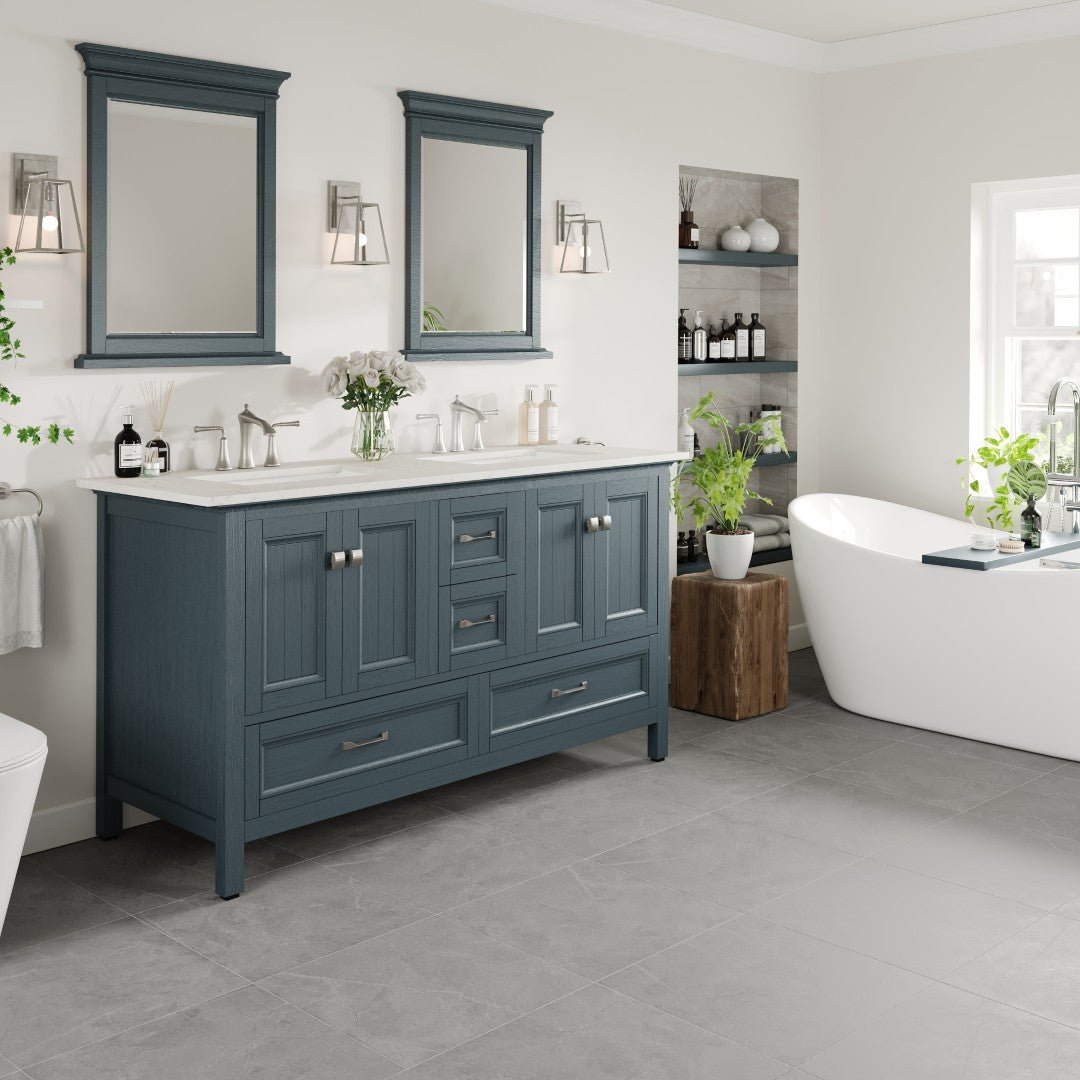 Britney 60 in. Ash Blue Double Sink Bath Vanity with Carrara Quartz Top and Undermount Porcelain Sinks - Bathroom Vanity by Eviva