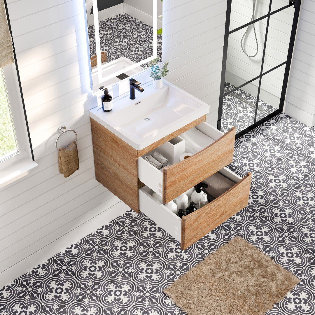 Smile 24 in. White Oak Wall Mount Single Sink Bath Vanity with Acrylic Top and Integrated Sink - Bathroom Vanity by Eviva