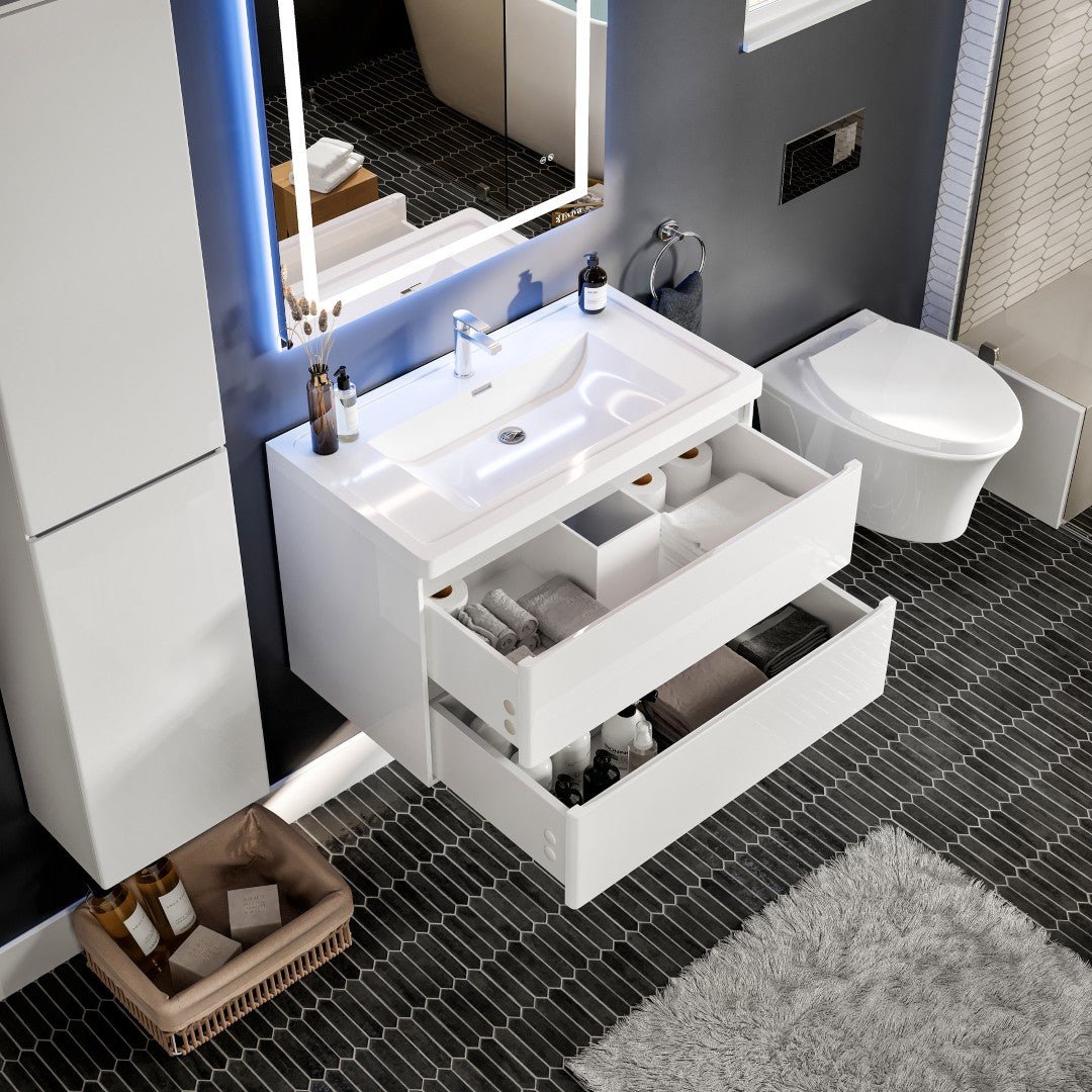 Glazzy 36 in. White Wall Mount Single Sink Bath Vanity with Acrylic Top and Integrated Sink - Bathroom Vanity by Eviva