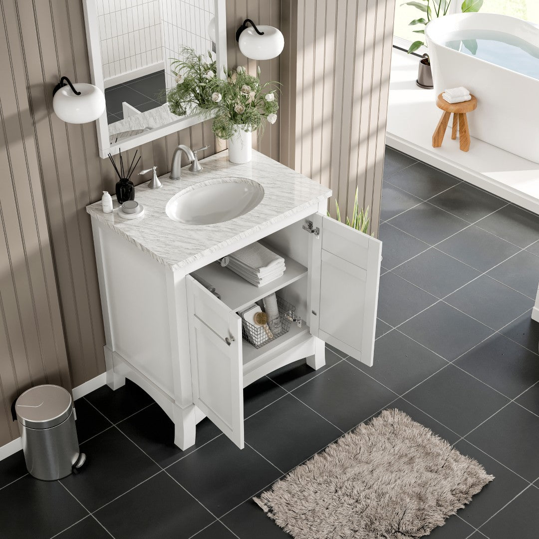New York 30 in. White Single Sink Bath Vanity with Carrara Marble Top and Undermount Porcelain Sink