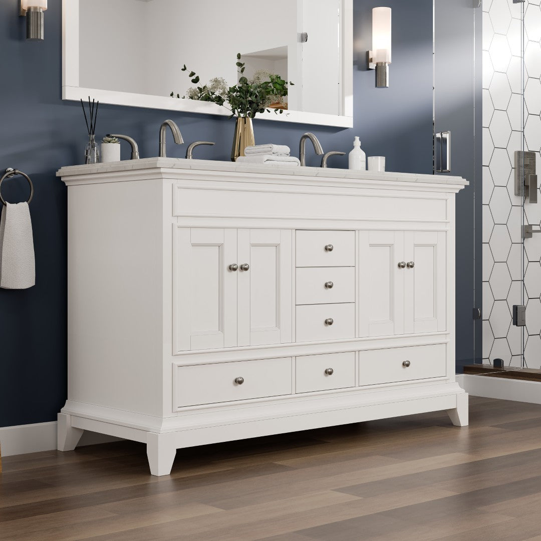 Elite Stamford 48 in. White Double Sink Bath Vanity with Carrara Quartz Top and Undermount Porcelain Sinks