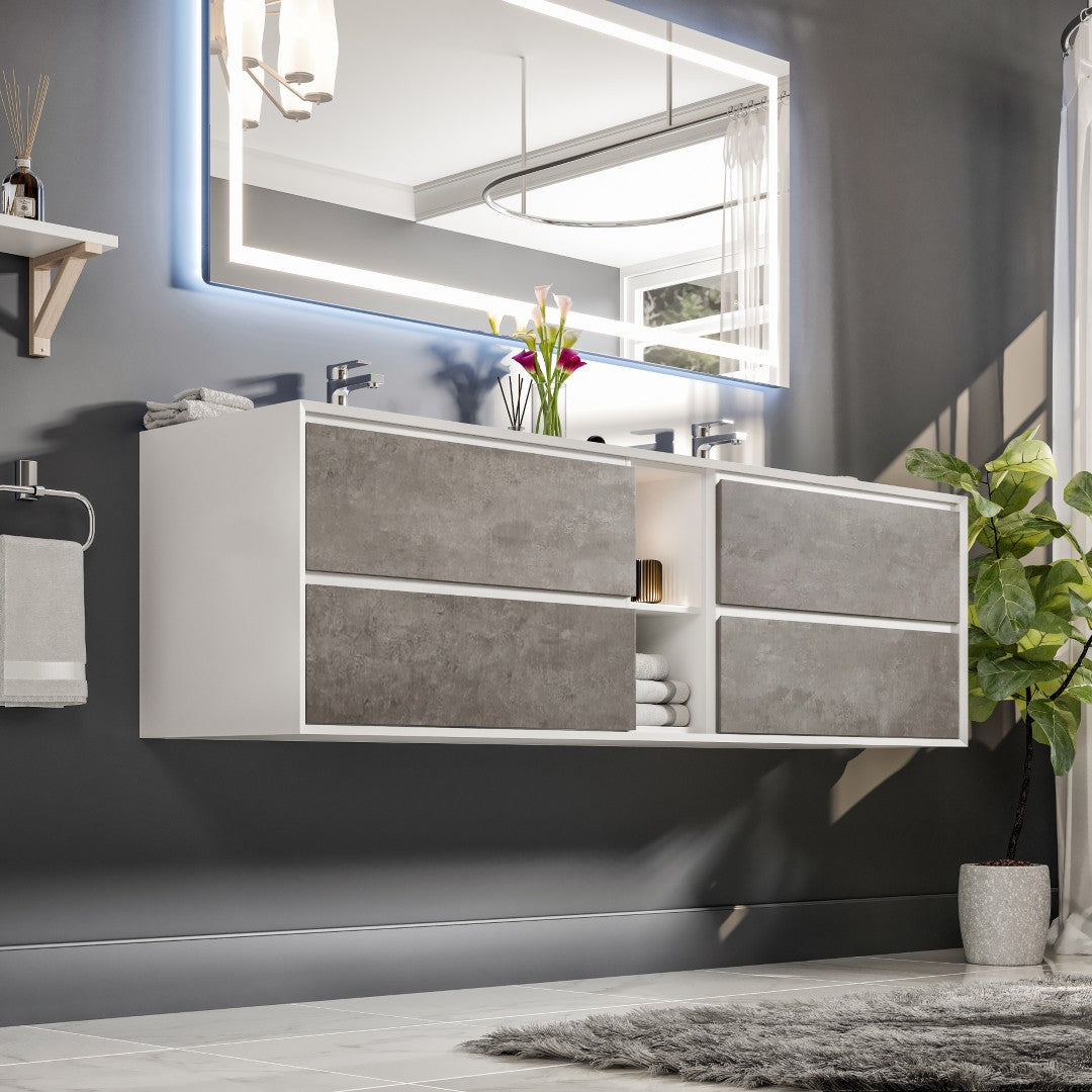 Vienna 75 in. Concrete Gray Wall Mount Double Sink  Bath Vanity with Acrylic Top and Integrated Sinks