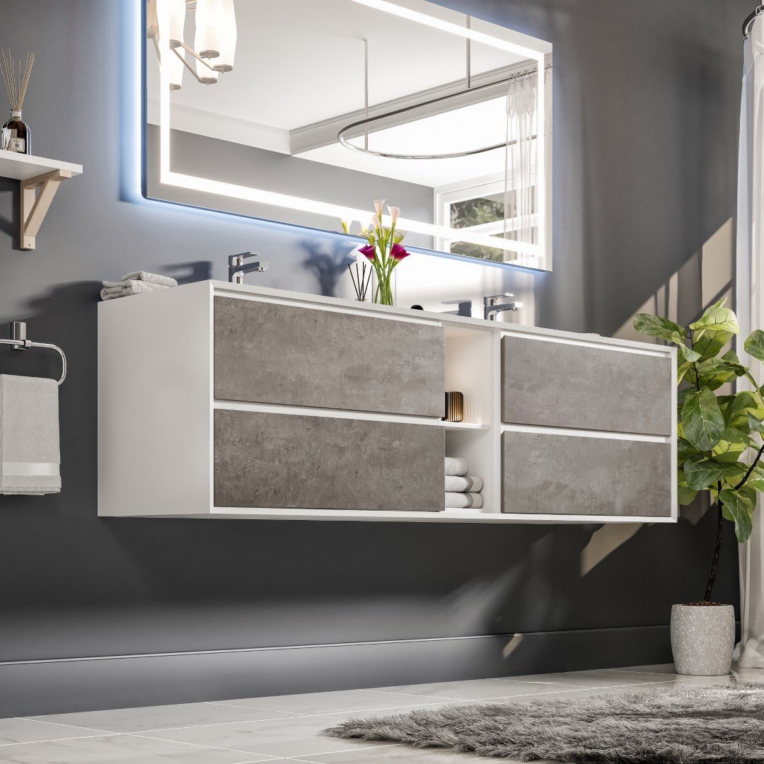 Vienna 75 in. Concrete Gray Wall Mount Double Sink Bath Vanity with Acrylic Top and Integrated Sinks - Bathroom Vanity by Eviva