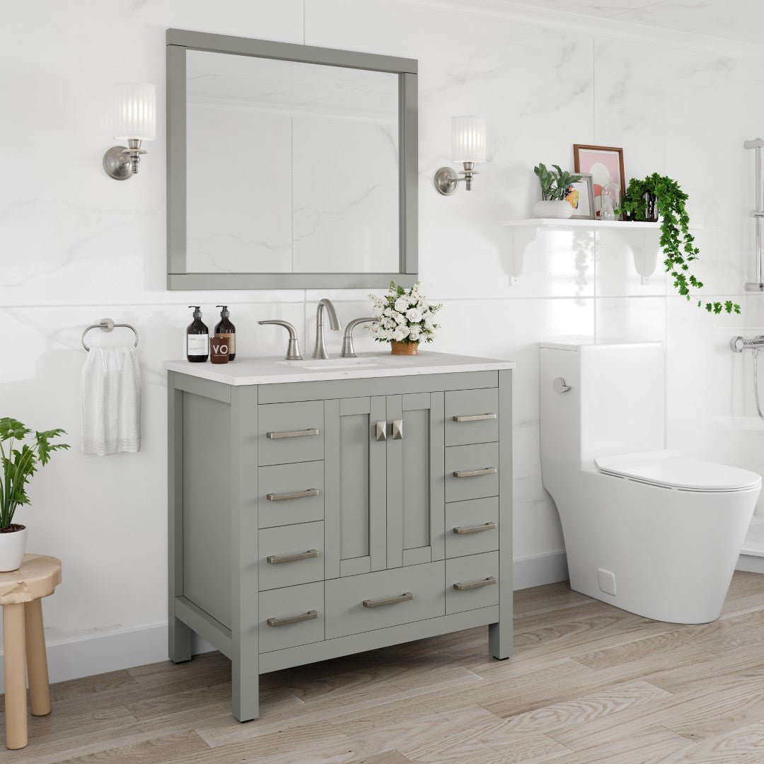 Hampton 36" x 22" Gray Single Sink Bath Vanity with Carrara Quartz Top and Undermount Porcelain Sink - Bathroom Vanity by Eviva
