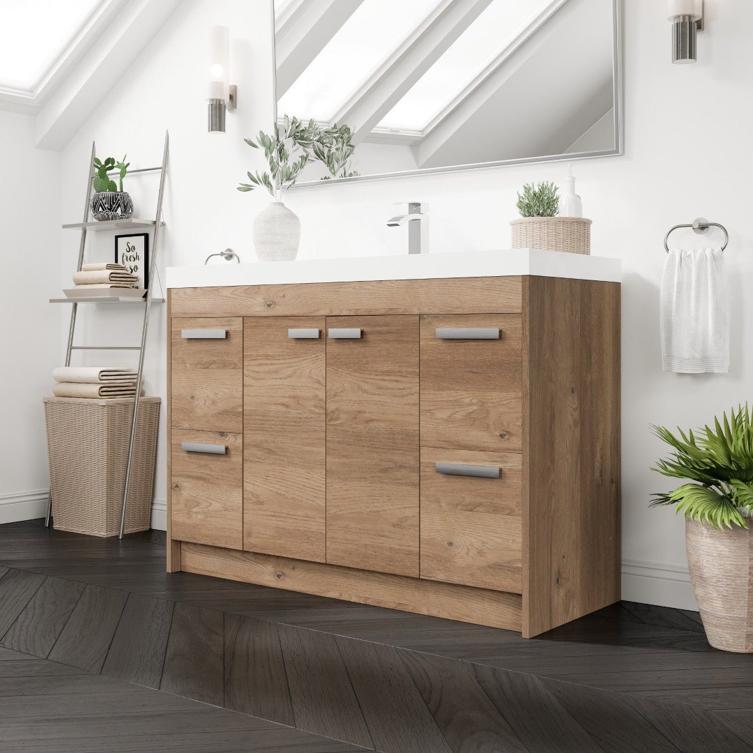 Lugano 48 in. Natural Oak Single Sink Bath Vanity with Acrylic Top and Integrated Sink - Bathroom Vanity by Eviva
