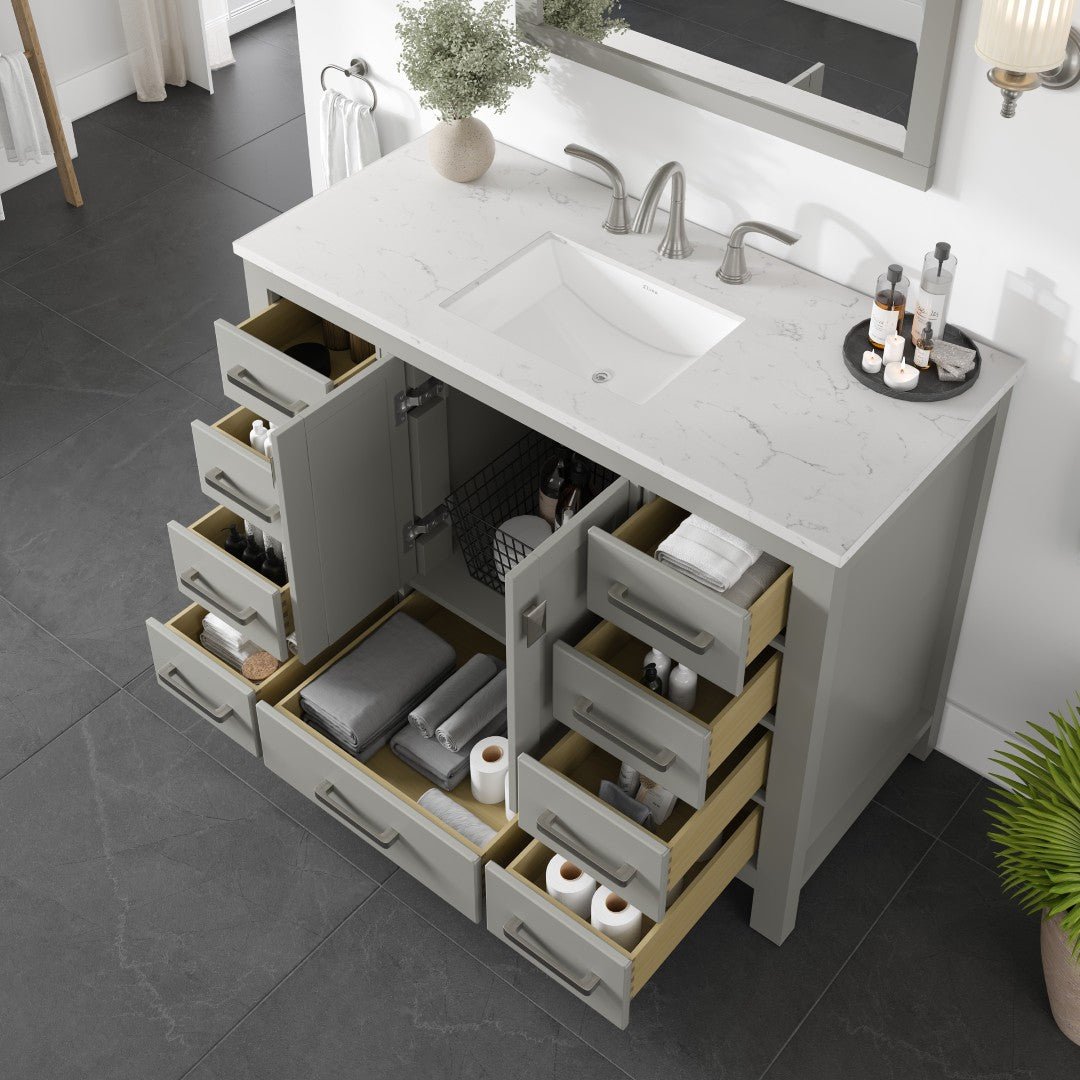 Aberdeen 42 in. Gray Single Sink Bath Vanity with Carrara Quartz Top and Undermount Porcelain Sink - Bathroom Vanity by Eviva