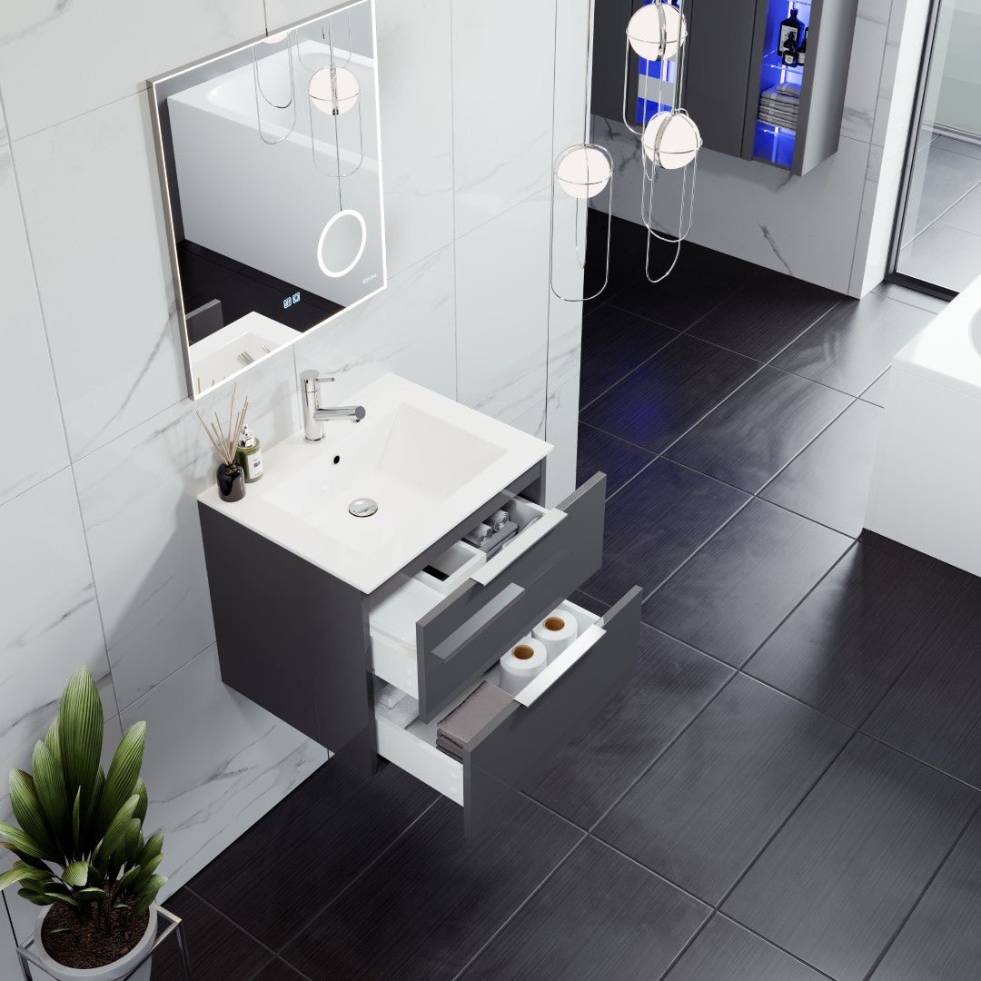 Galsaky 24 in. Gray Wall Mount Single Sink Bath Vanity with Porcelain Top and Integrated Sink - Bathroom Vanity by Eviva