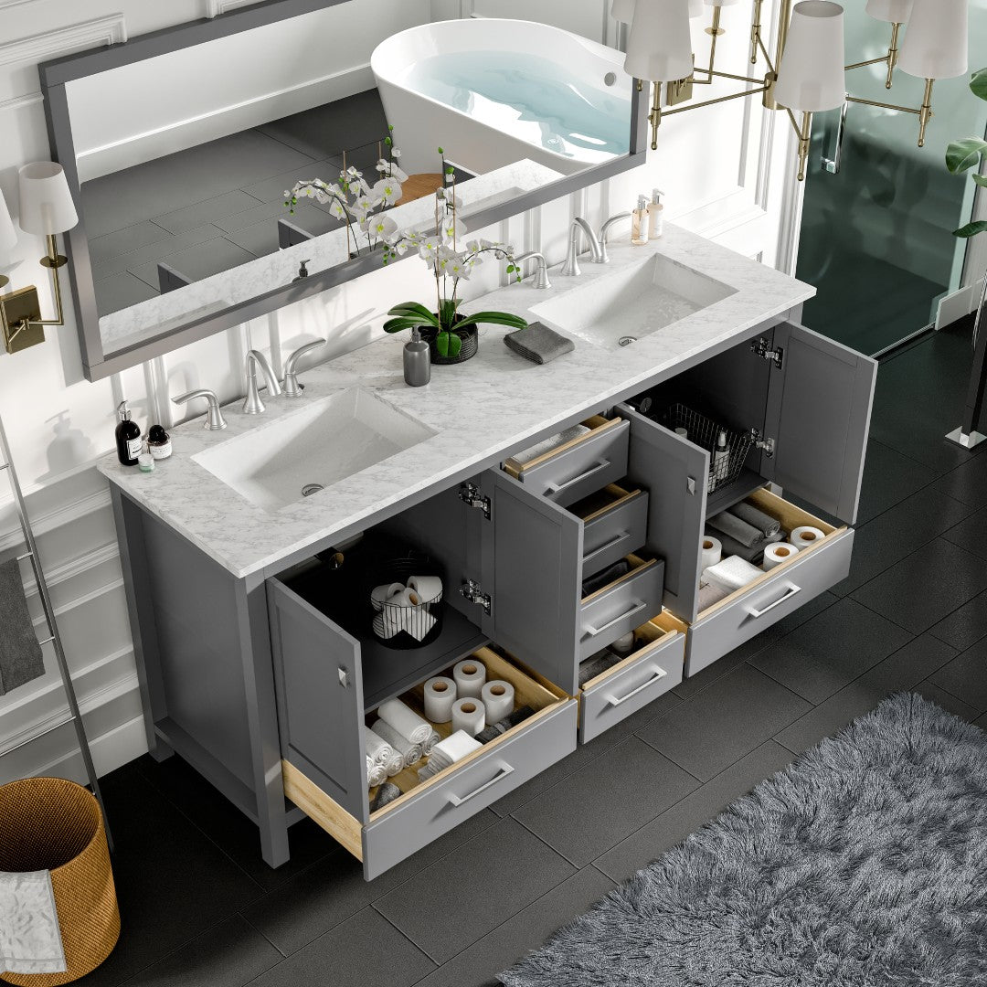 Eviva Aberdeen 72 in. Gray Bathroom Vanity with Carrara Marble Top