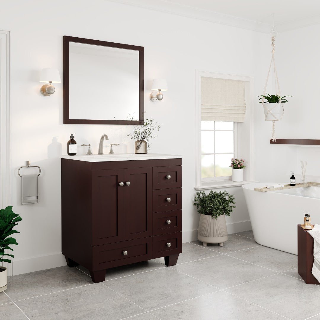 Acclaim 30 in. Teak Single Sink Bath Vanity with Carrara Quartz Top and Undermount Porcelain Sink - Bathroom Vanity by Eviva