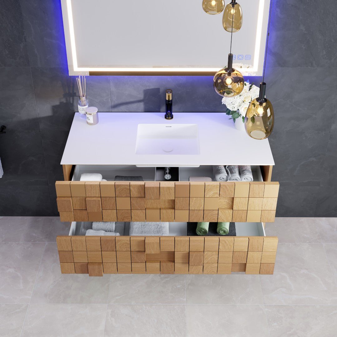 Mosaic 49 in. Natural Oak Wall Mount Single Sink Bath Vanity with Solid Surface Top and Integrated Sink - Bathroom Vanity by Eviva