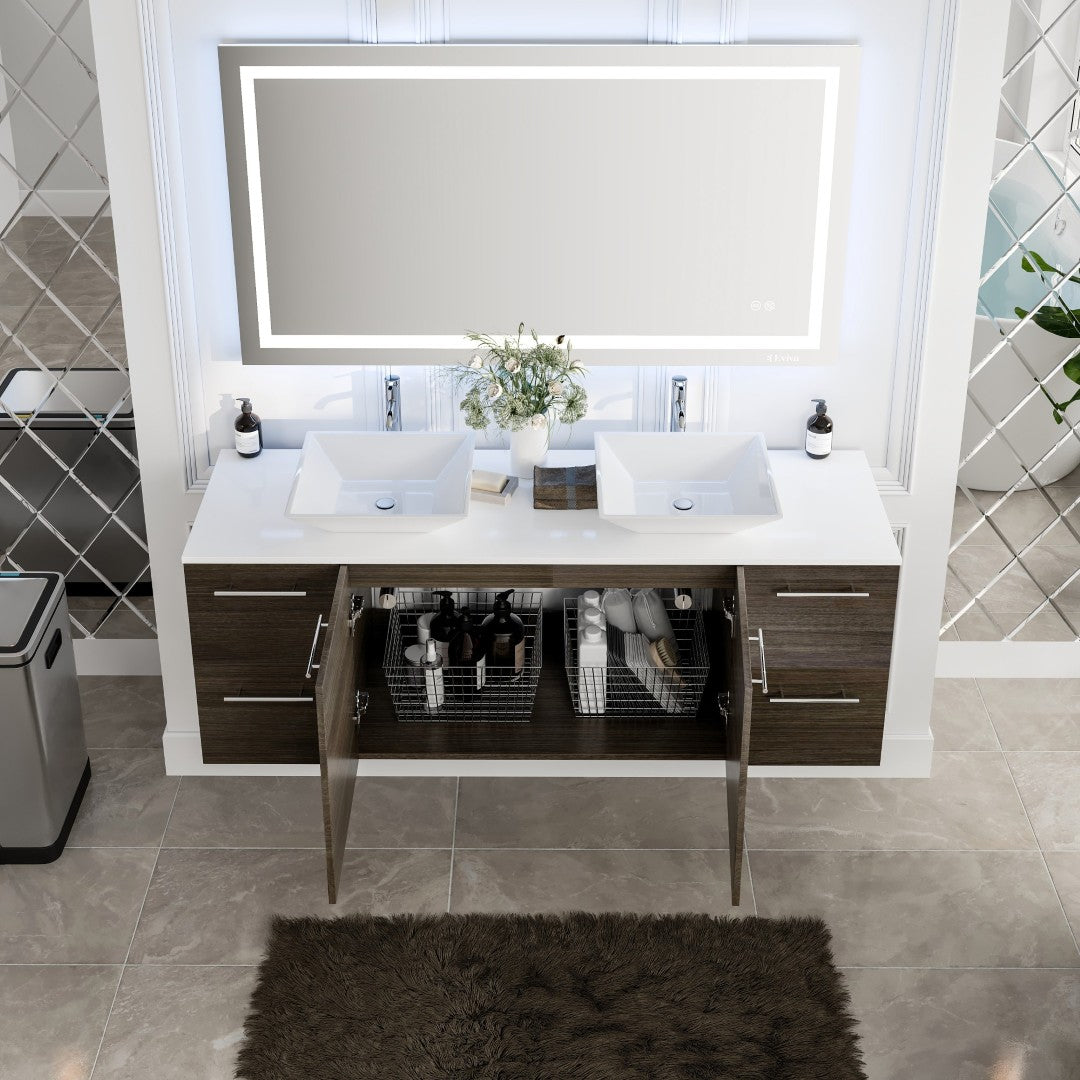 Luxurious 60 in. Gray Oak Wall Mount Double Sink Bath Vanity with White Quartz Top and Vessel Porcelain Sinks