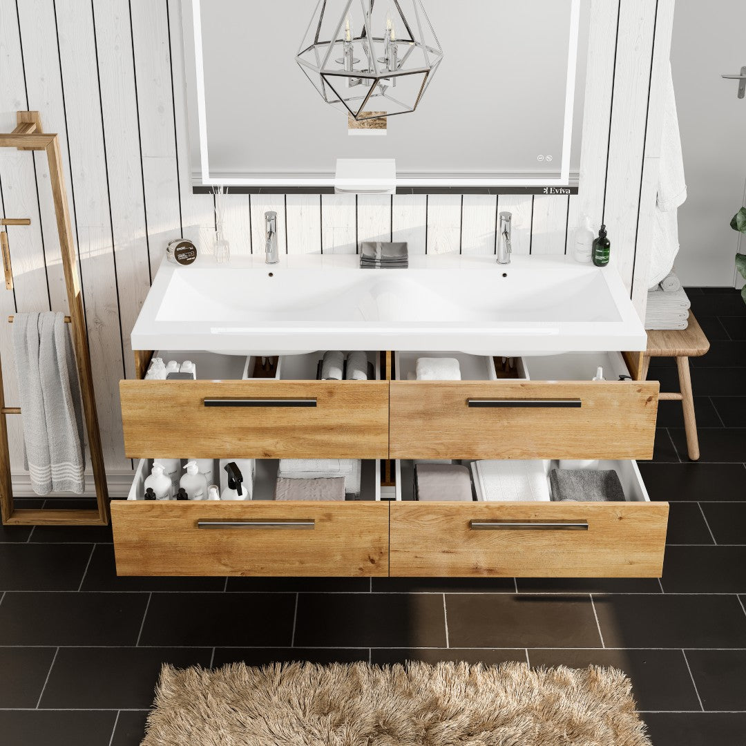Surf 57 in. Natural Oak Wall Mount Double Sink Bath Vanity with Acrylic Top and Integrated Sinks