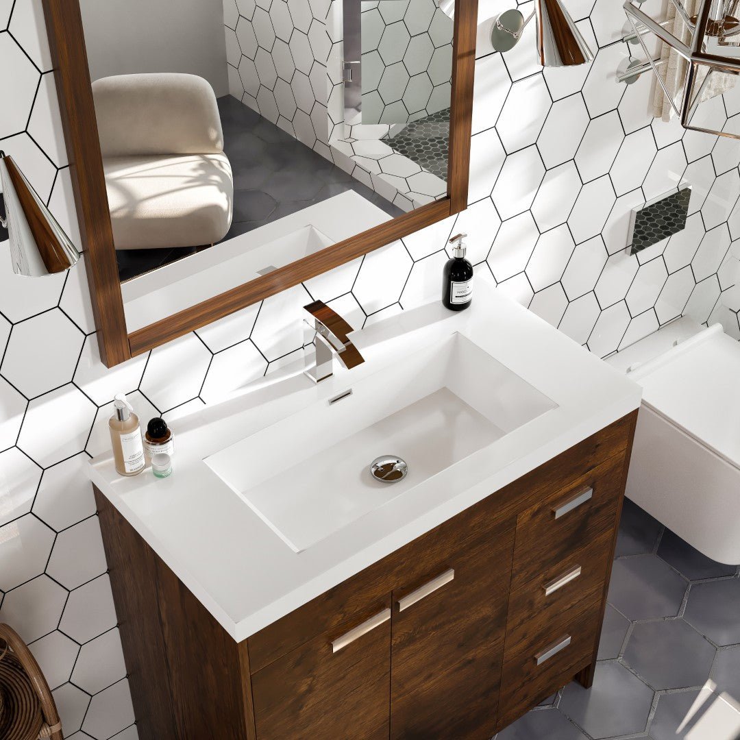 Lugano 36 in. Rosewood Single Sink Bath Vanity with Acrylic Top and Integrated Sink - Bathroom Vanity by Eviva