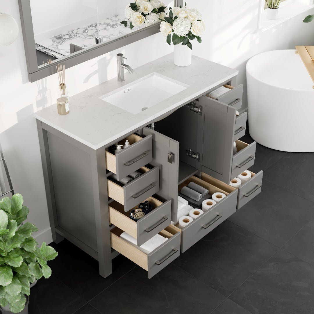London 48 in. Gray Single Sink Bath Vanity with Carrara Quartz Top and Undermount Porcelain Sink - Bathroom Vanity by Eviva