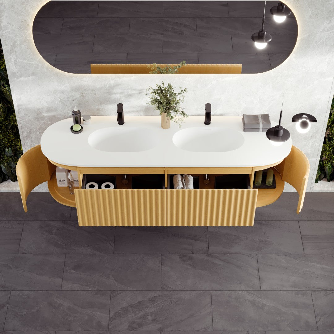 Haven 71 in. Natural Oak Wall Mount Double Sink Bath Vanity with Solid Surface Top and Integrated Sinks