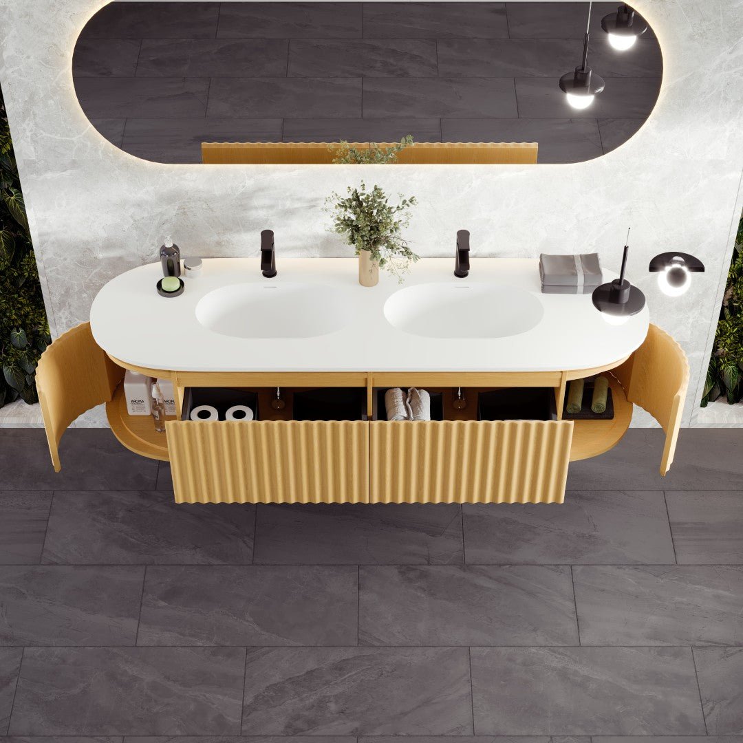 Haven 71 in. Natural Oak Wall Mount Double Sink Bath Vanity with Solid Surface Top and Integrated Sinks - Bathroom Vanity by Eviva