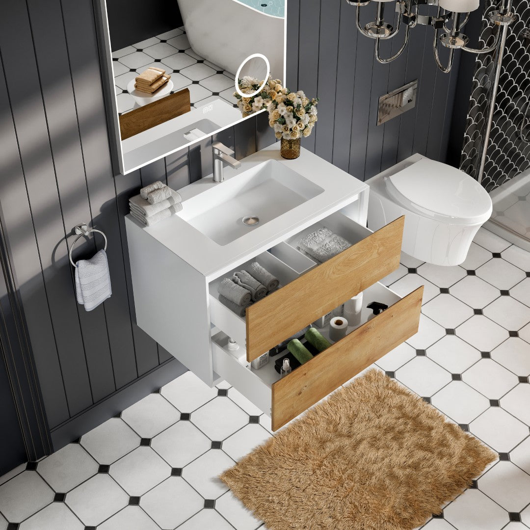 Vienna 36" WH Oak Wall Mount Single Sink Bath Vanity with Acrylic Top and Integrated Sink