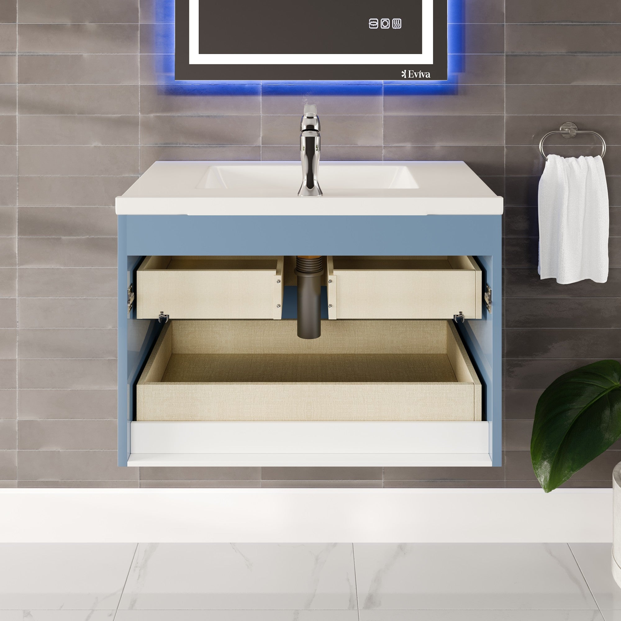 Daytona 32 in. Blue Wall Mount Single Sink Bath Vanity with Porcelain Top and Integrated Sink