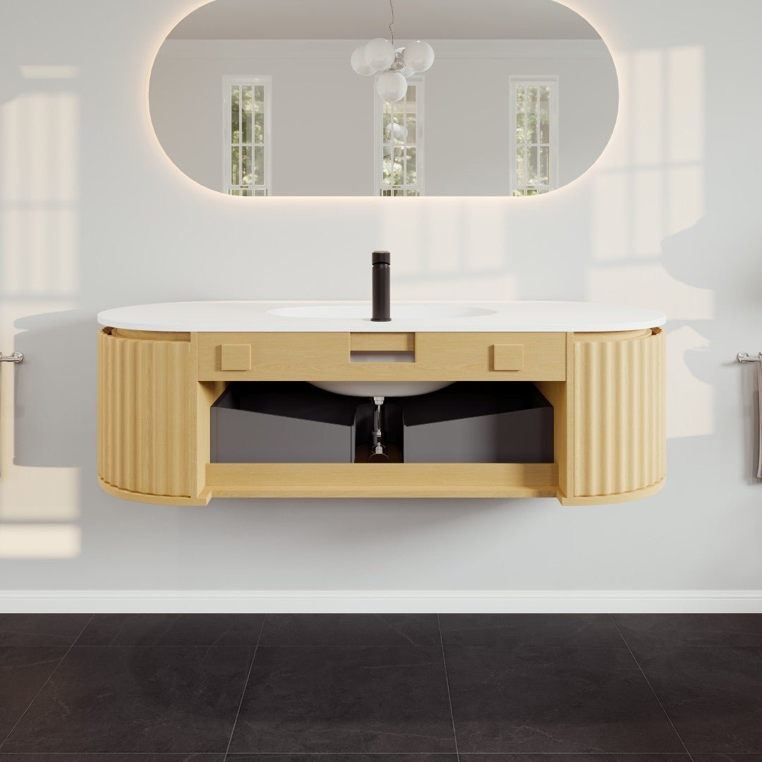 Haven 55 in. Natural Oak Wall Mount Single Sink Bath Vanity with Solid Surface Top and Integrated Sink - Bathroom Vanity by Eviva