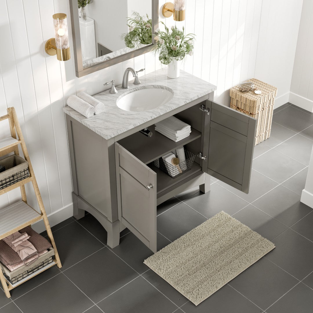 New York 36 in. Gray Single Sink Bath Vanity with Carrara Marble Top and Undermount Porcelain Sink