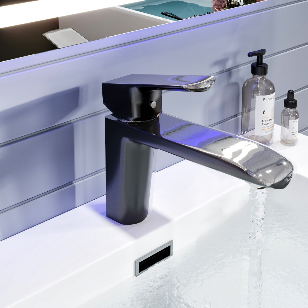 A photograph of an Eviva Sima single-handle waterfall bathroom faucet in a chrome and matte black finish, installed on a bathroom sink.