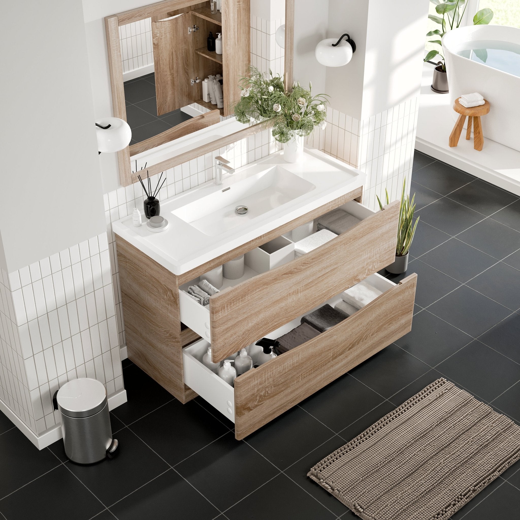 Smile 48 in. White Oak Single Sink Bath Vanity with Acrylic Top and Integrated Sink - Bathroom Vanity by Eviva