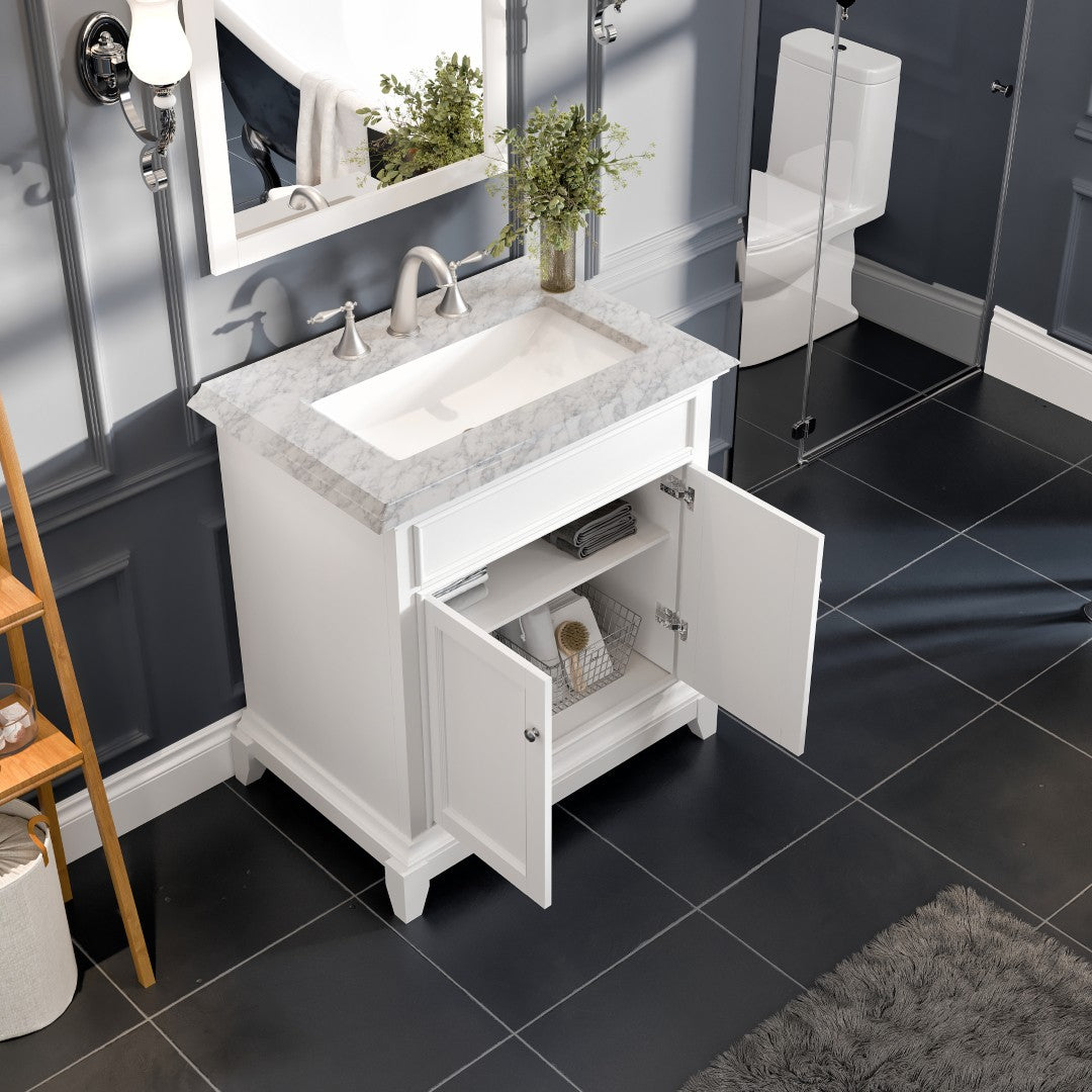 Elite Princeton 30 in. White Single Sink Bath Vanity with Carrara Marble Top and Undermount Porcelain Sink