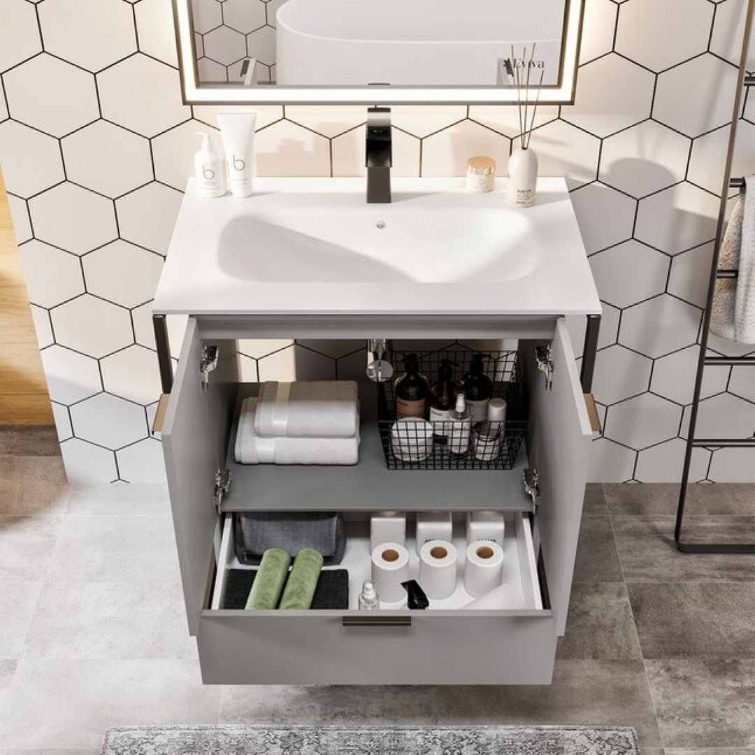 Moma 32 in. Gray Wall Mount Single Sink Bath Vanity with Solid Surface Top and Integrated Sink