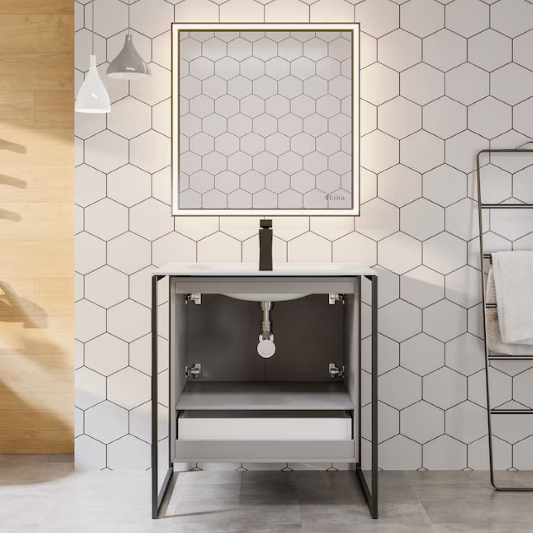 Moma 32 in. Gray Wall Mount Single Sink Bath Vanity with Solid Surface Top and Integrated Sink
