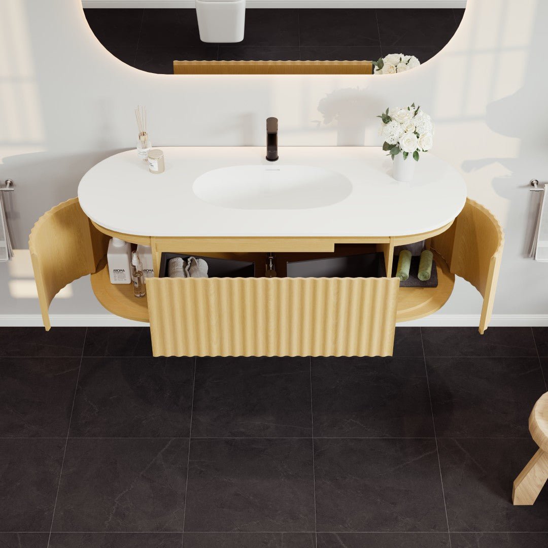 Haven 55 in. Natural Oak Wall Mount Single Sink Bath Vanity with Solid Surface Top and Integrated Sink - Bathroom Vanity by Eviva