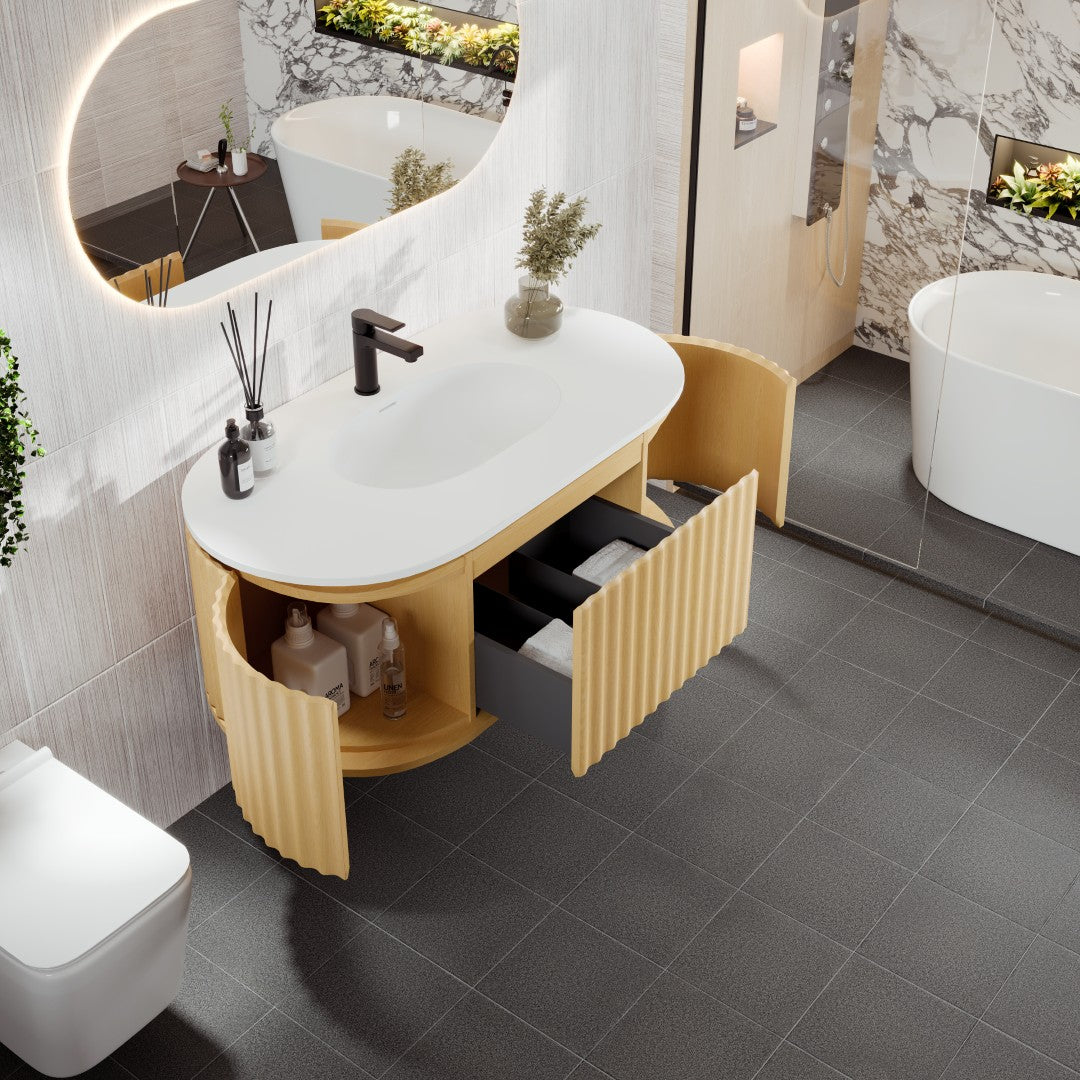 Haven 39 in. Natural Oak Wall Mount Single Sink Bath Vanity with Solid Surface Top and Integrated Sink