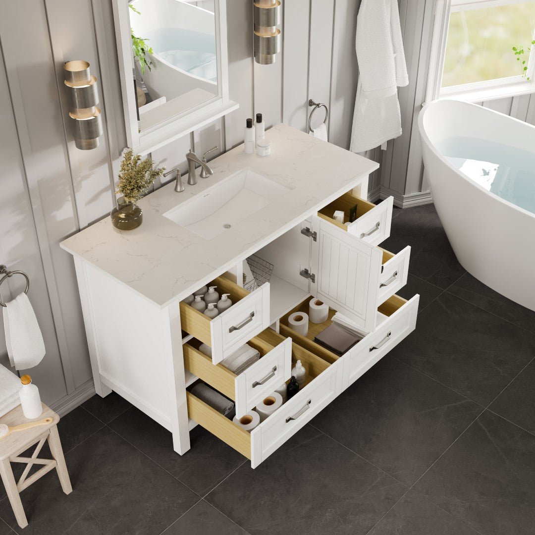 Britney 42 in. White Single Sink Bath Vanity with Carrara Quartz Top and Undermount Porcelain Sink - Bathroom Vanity by Eviva