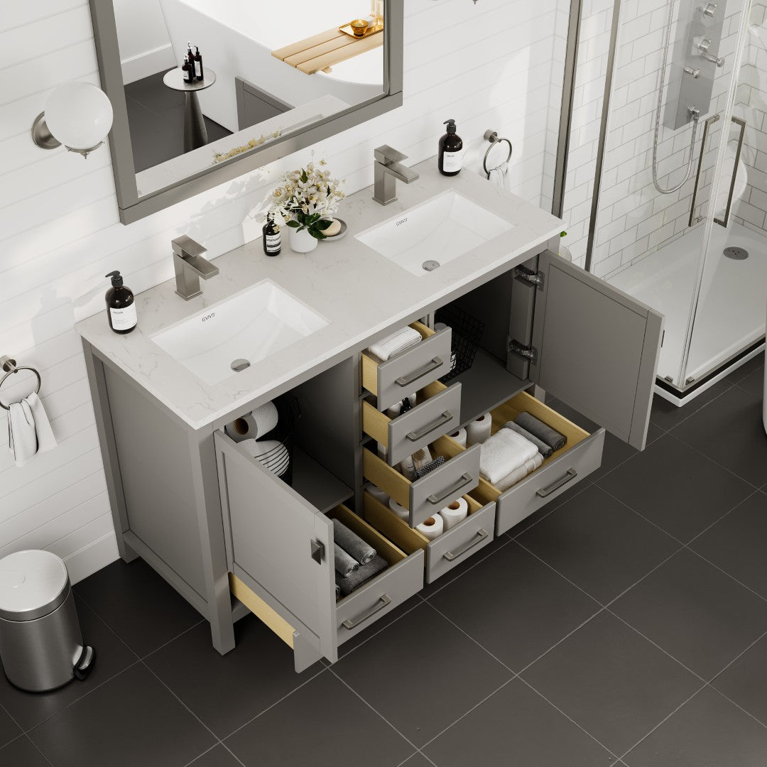 London 48 in. Gray Double Sink Bath Vanity with Carrara Quartz Top and Undermount Porcelain Sinks