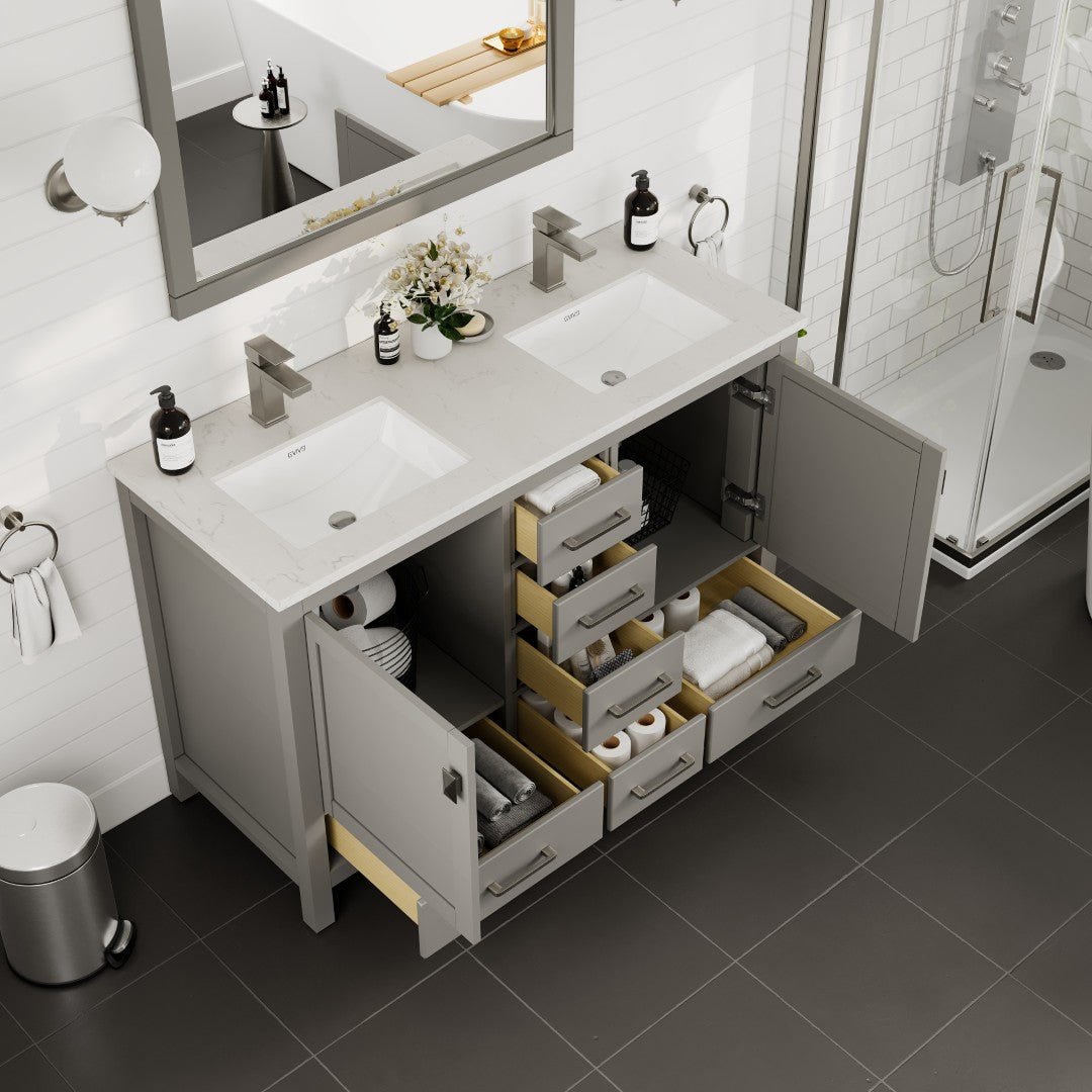 London 48 in. Gray Double Sink Bath Vanity with Carrara Quartz Top and Undermount Porcelain Sinks - Bathroom Vanity by Eviva