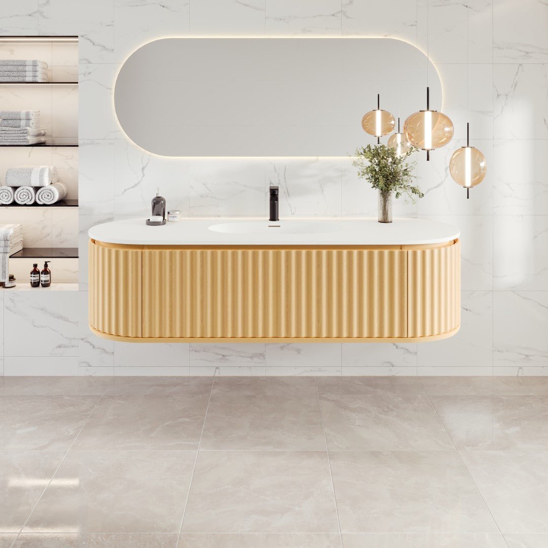 Haven 64 in. Natural Oak Wall Mount Single Sink Bath Vanity with Solid Surface Top and Integrated Sink - Bathroom Vanity by Eviva
