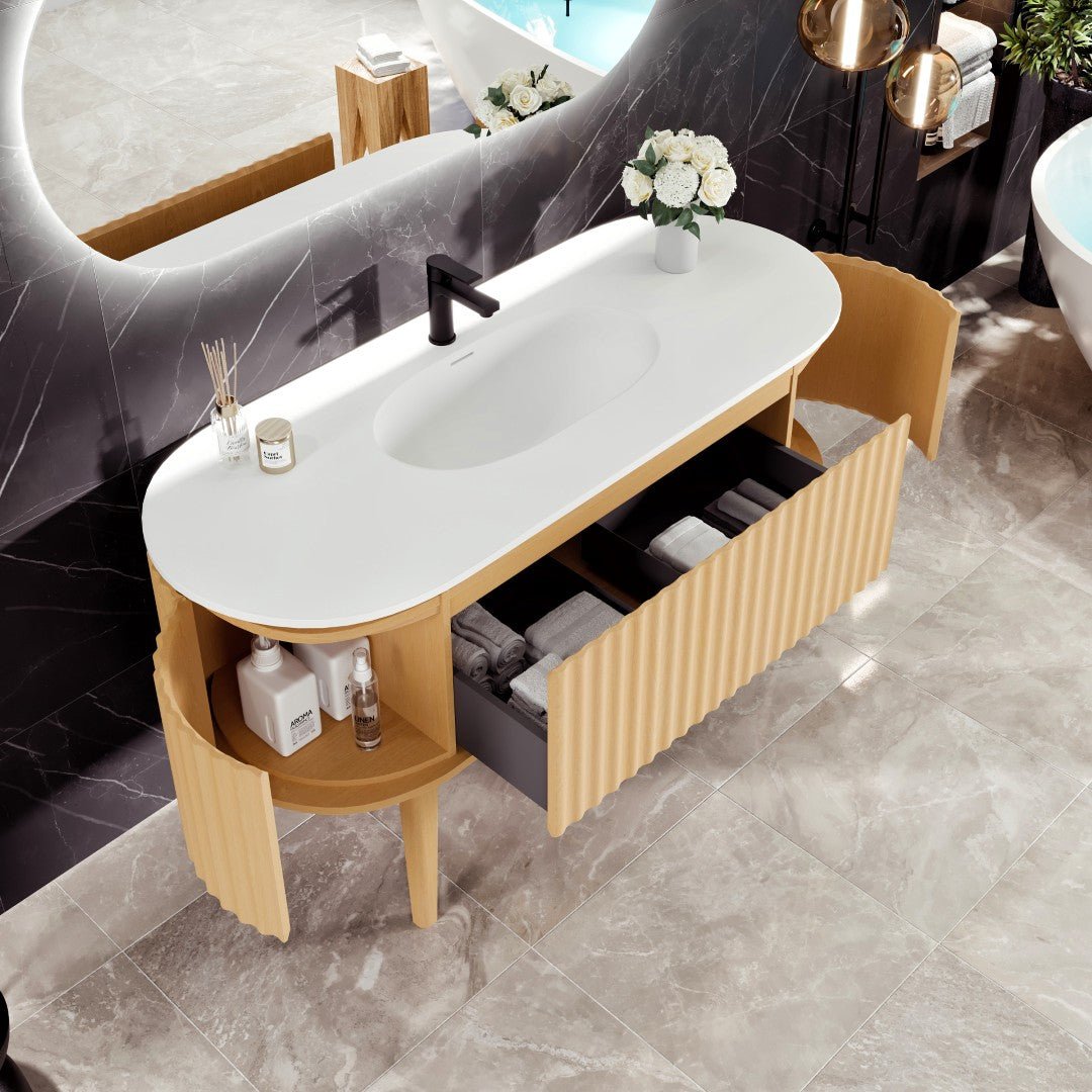 Haven 55 in. Natural Oak Freestanding Single Sink Bath Vanity with Solid Surface Top and Integrated Sink - Bathroom Vanity by Eviva