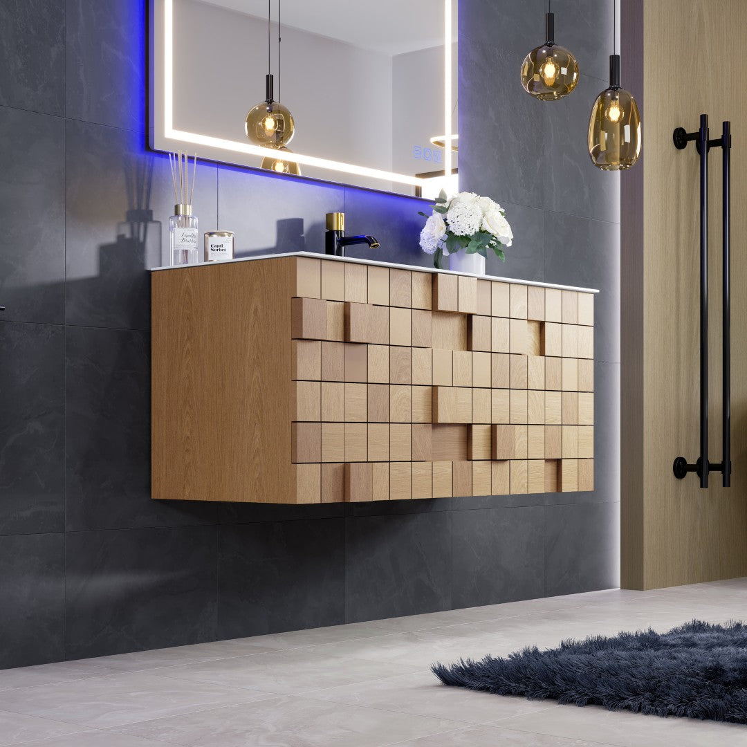 Mosaic 49 in. Natural Oak Wall Mount Single Sink Bath Vanity with Solid Surface Top and Integrated Sink