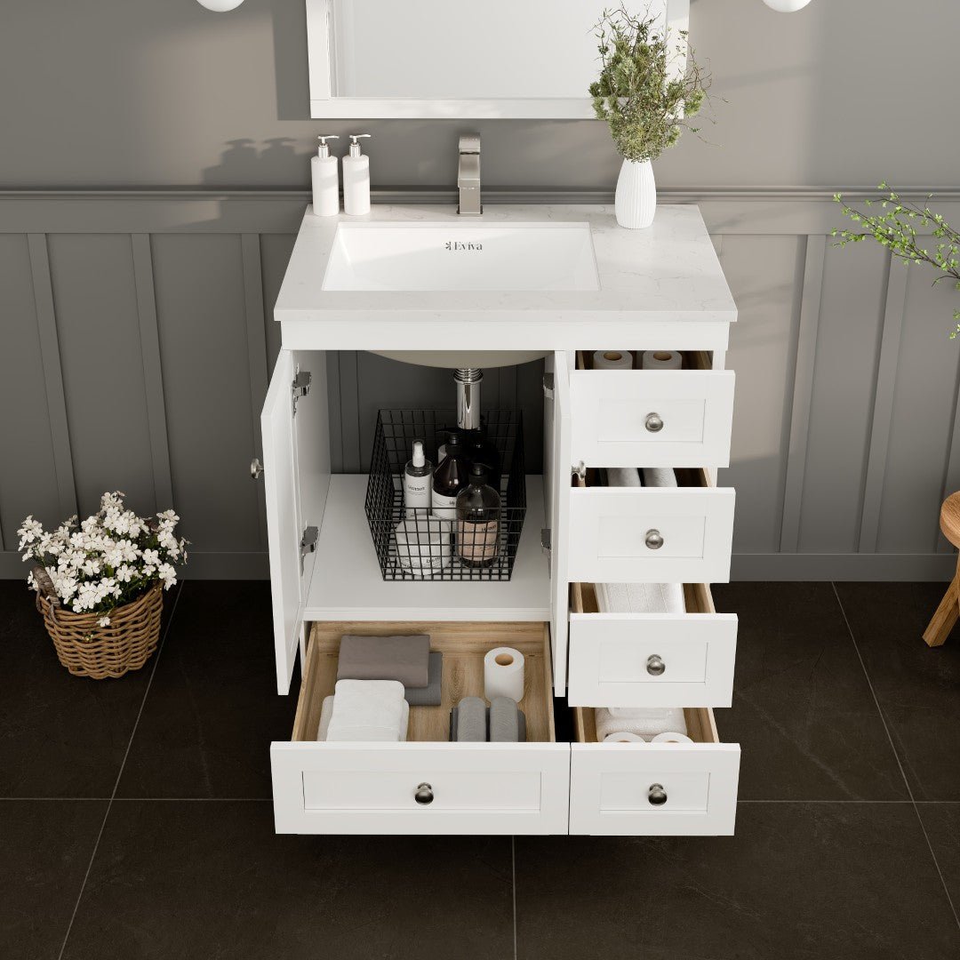 Happy 30 in. White Single Sink Bath Vanity with Carrara Quartz Top and Undermount Porcelain Sink - Bathroom Vanity by Eviva