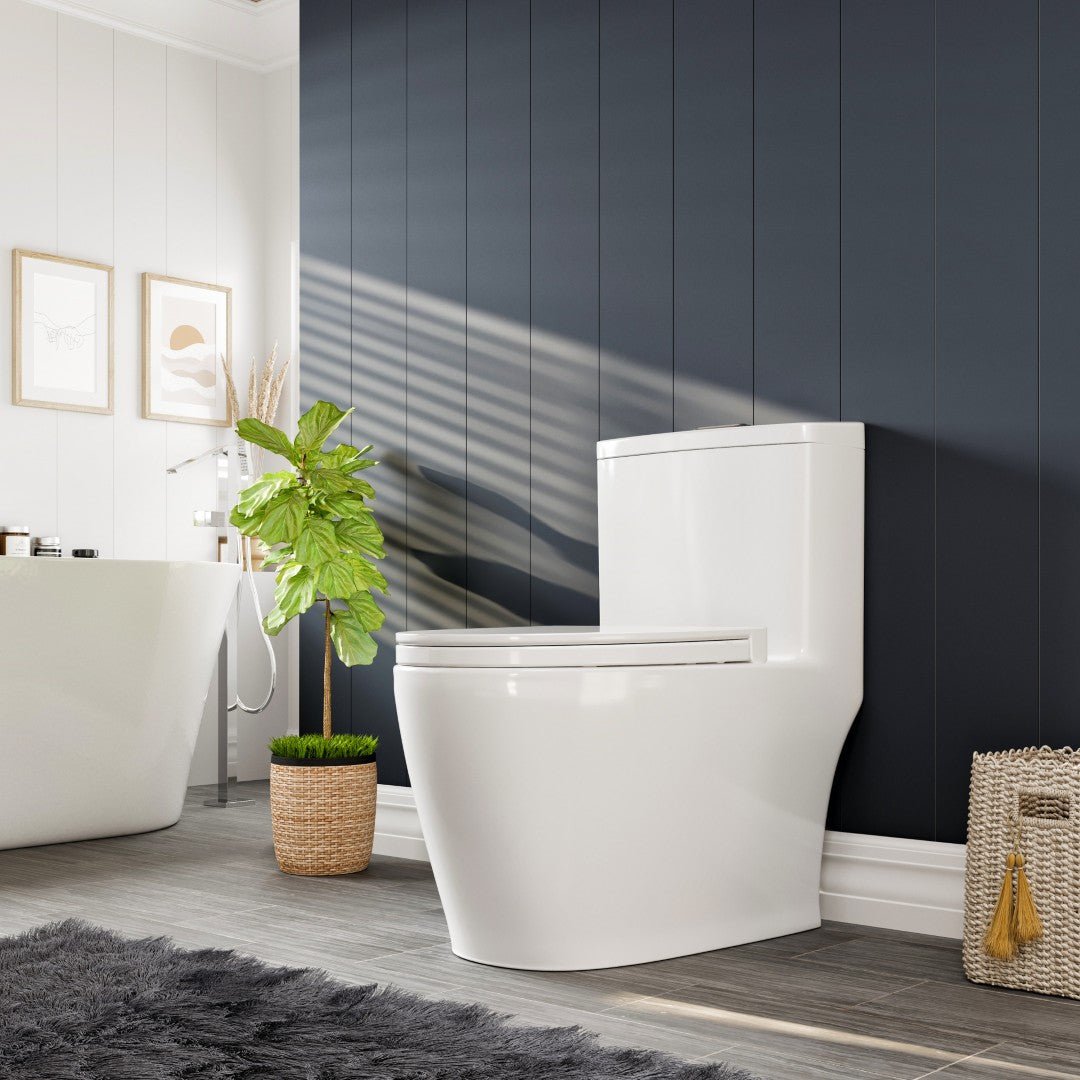 Denali 12 inch Floor Mounted 1 - piece 1.28 GPF Dual Flush Elongated Toilet in White Seat Included - by Eviva