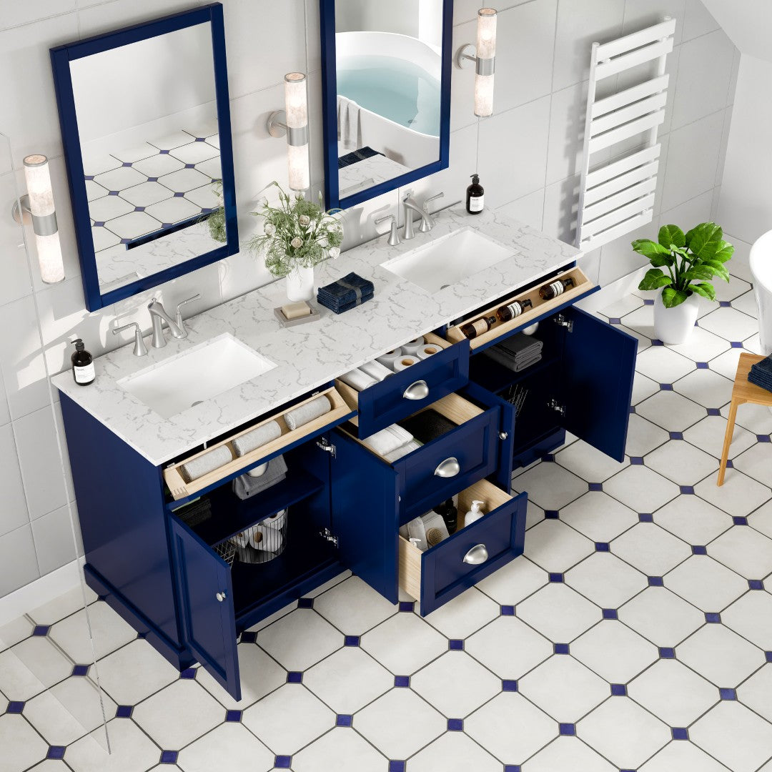Epic 72 in. Blue Double Sink  Bath Vanity with Carrara Quartz Top and Undermount Porcelain Sinks