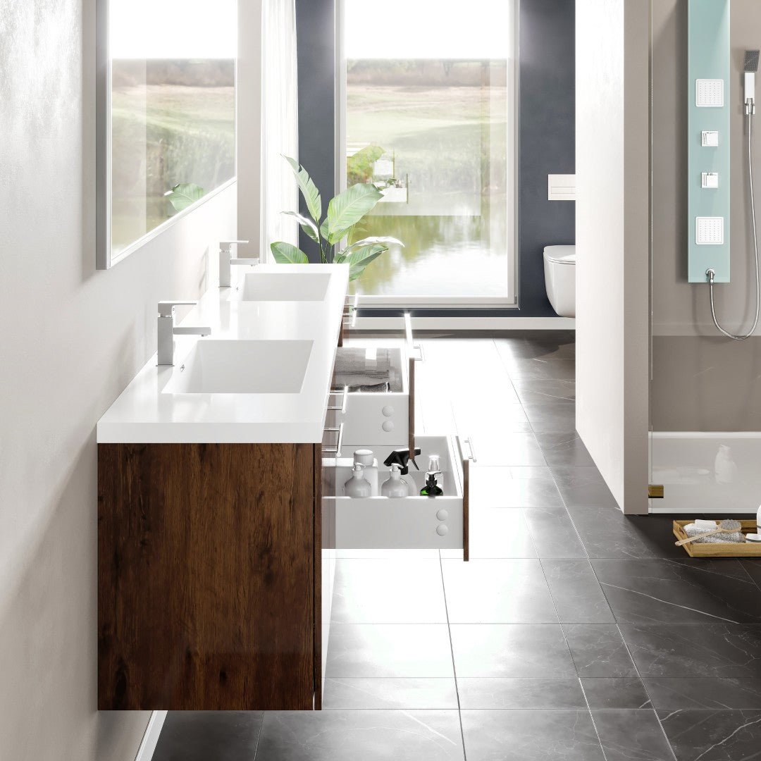Lumina 84 in. Rosewood Wall Mount Double Sink Bath Vanity with Acrylic Top and Integrated Sinks - Bathroom Vanity by Eviva