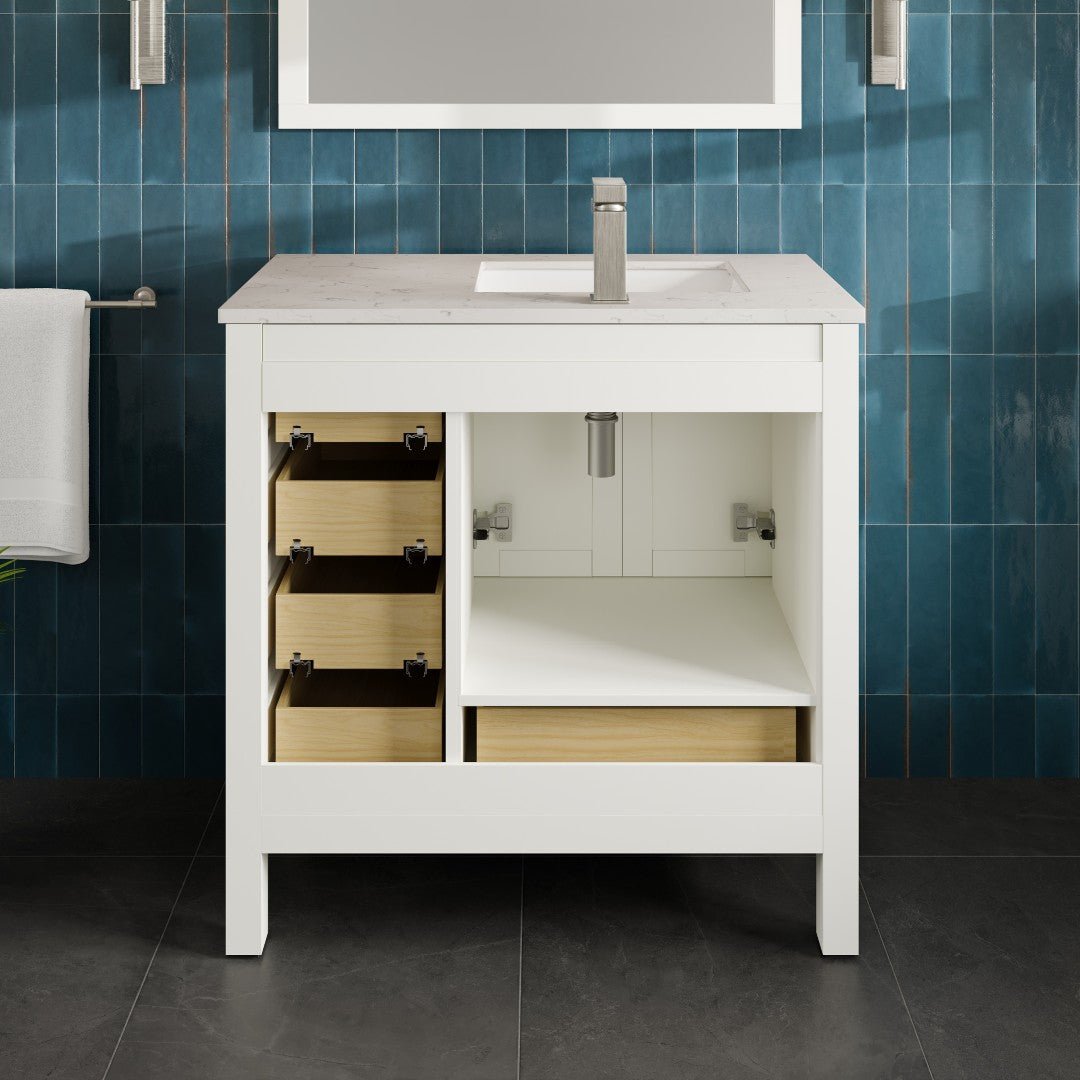 London 36 in. White Single Sink Bath Vanity with Carrara Quartz Top and Undermount Porcelain Sink - Bathroom Vanity by Eviva