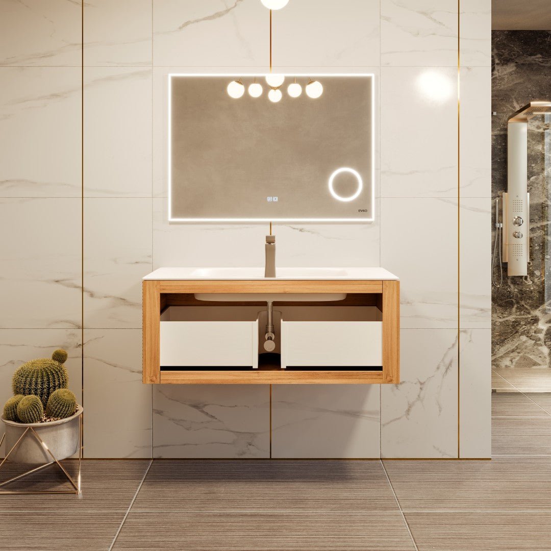 Leah 32 in. Medium Oak Wall Mount Single Sink Bath Vanity with Solid Surface Top and Integrated Sink - Bathroom Vanity by Eviva