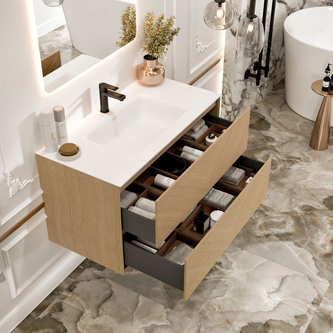 Lotus 30 in. Natural Oak Wall Mount Single Sink Bath Vanity with Solid Surface Top and Integrated Sink - Bathroom Vanity by Eviva
